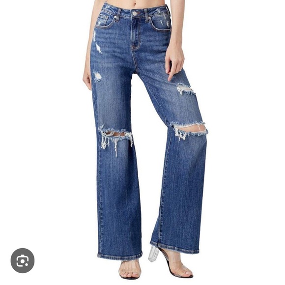 RISEN JEANS HIGH RISE WIDE LEG DISTRESSED Style RDP5031 SIZE 9 - Picture 1 of 4